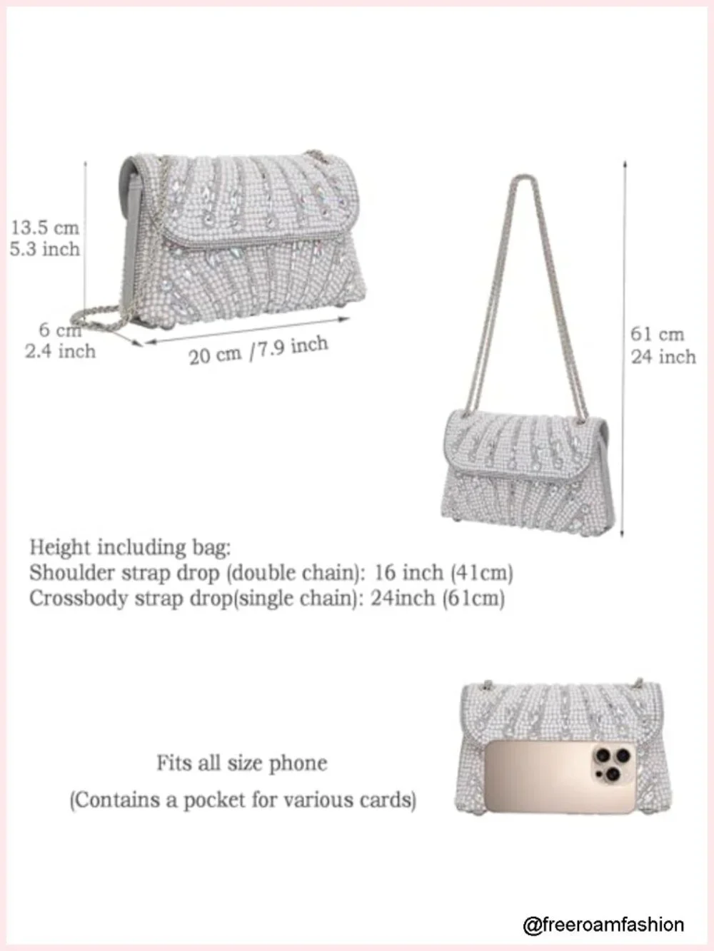 Pearls Rhinestones Evening Shoulder Crossbody Clutch Bag with Chain